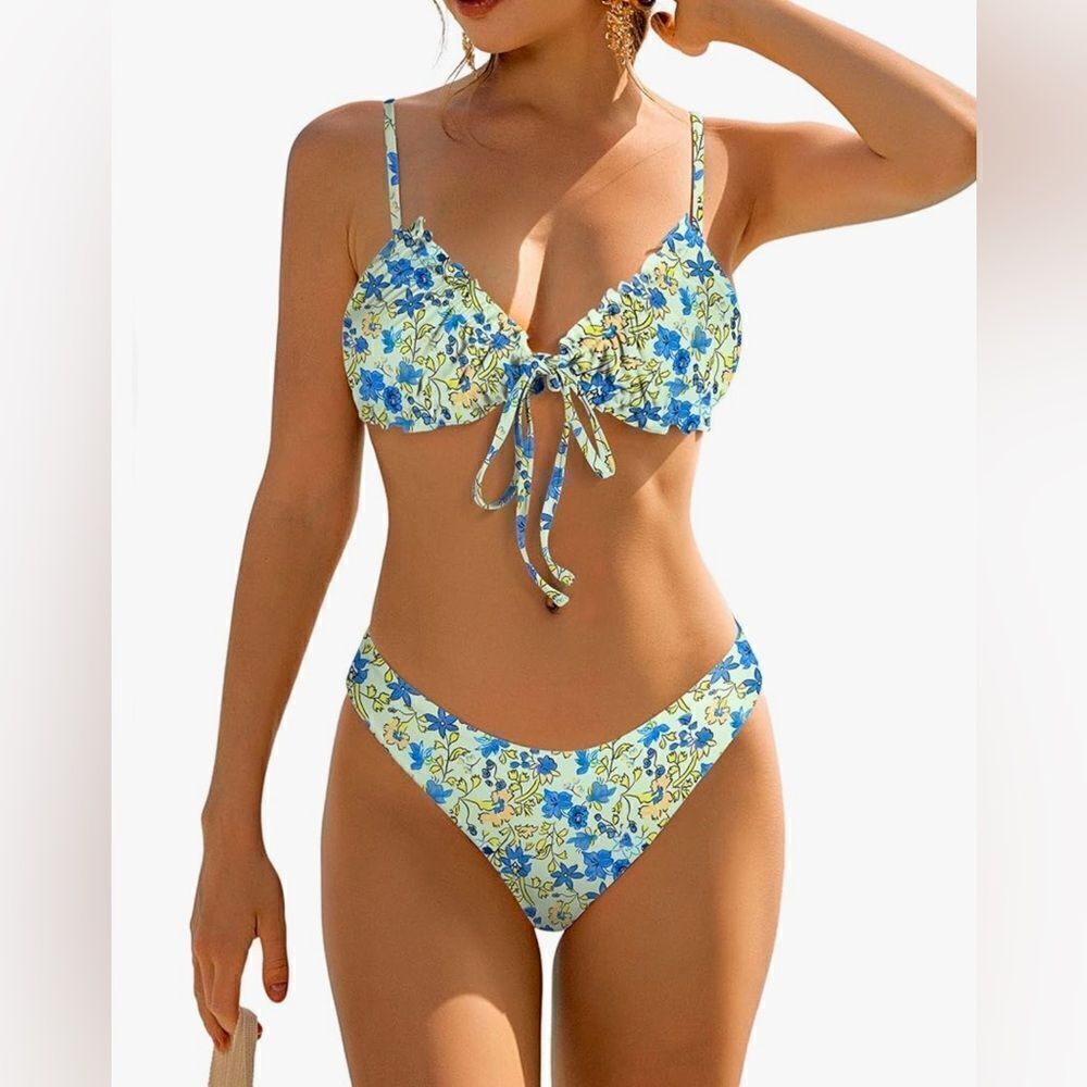 ZAFUL Triangle Bikini Floral Ruffles Bow Tie Up Bikini Set Two Piece Swimsuit